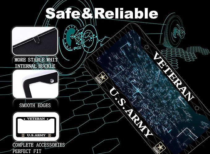 Veteran US Army Design License Plate Frame Army Decorative Stainless Steel Car License Plate Cover for Men Women Boys Girls Fans 12 X 6 Inch