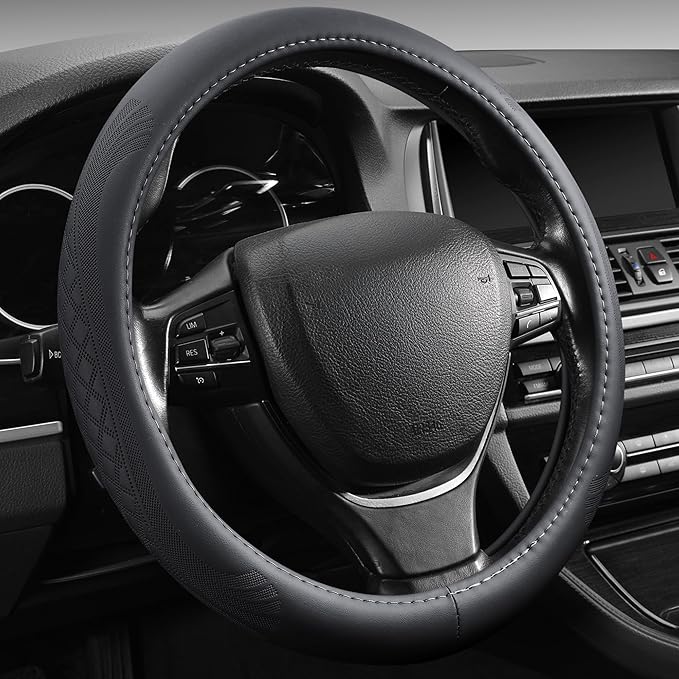 【2025 Model】 Premium Nappa Leather Car Steering Wheel Cover for Men Women, Non-Slip, Breathable, Universal 15 inches, Black