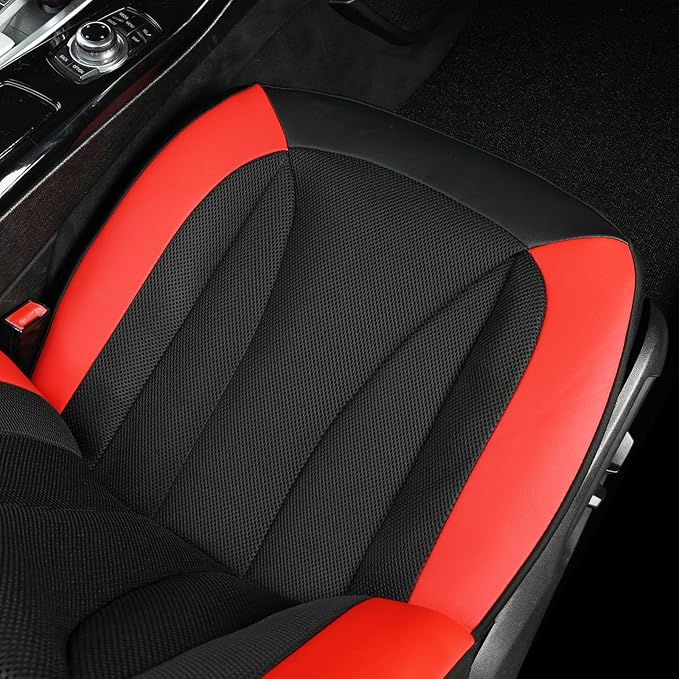 GIANT PANDA 2 Front Leather Car Seat Cover for Hyundai,3D Air Cool Mesh Thick Seat Covers Custom Fit Hyundai Sonata Elantra Santa Fe Tucson Accent Kona Palisade Genesis Venue Ioniq (Red+Black)