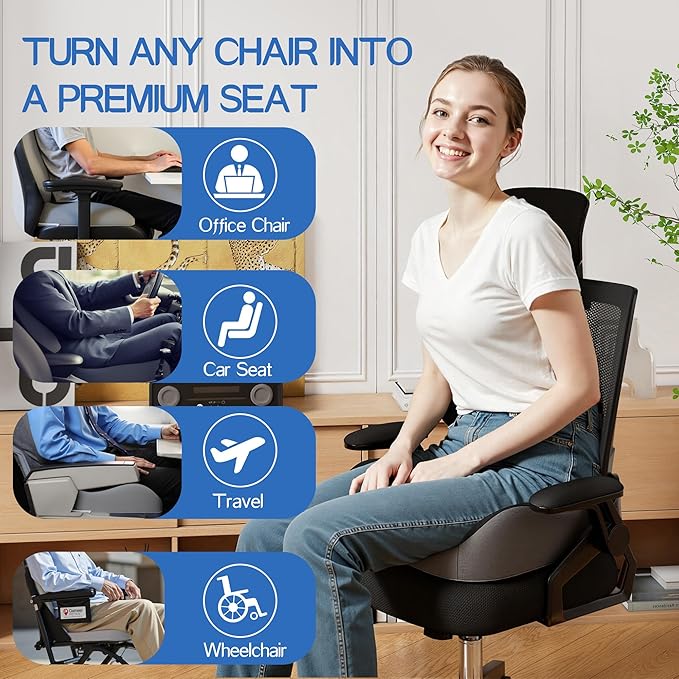 Benazcap X Large Memory Foam Seat Cushion Lumbar Support Pillow for Sciatica & Tailbone Pressure Relief Coccyx Pad for Office Chair, Wheelchair, Car, Home, Office