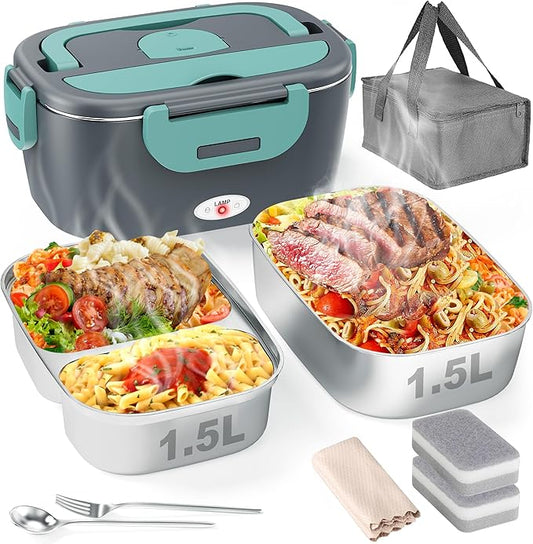 Electric Lunch Box for Men, Women & Adults - 80W Fast Heating - Heated Lunch Box with Dual 1.5L SS Containers - Portable Food Warmer for Car, Truck, Office