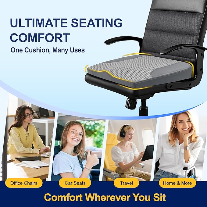 kingphenix Car Seat Cushion – Memory Foam Pad for Driving Comfort – Boosts Height and Relieves Coccyx & Lower Back Pain – Car, Truck, Office Chair (Dark Gray)