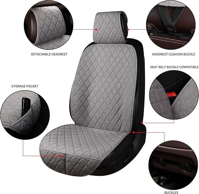 2PCS Linen Front Seat Covers for Cars Sideless Seat Covers Breathable Cloth Fabric Car Seat Protector Universal Fit Most Automotive, SUV, Trucks, Van(Grey)