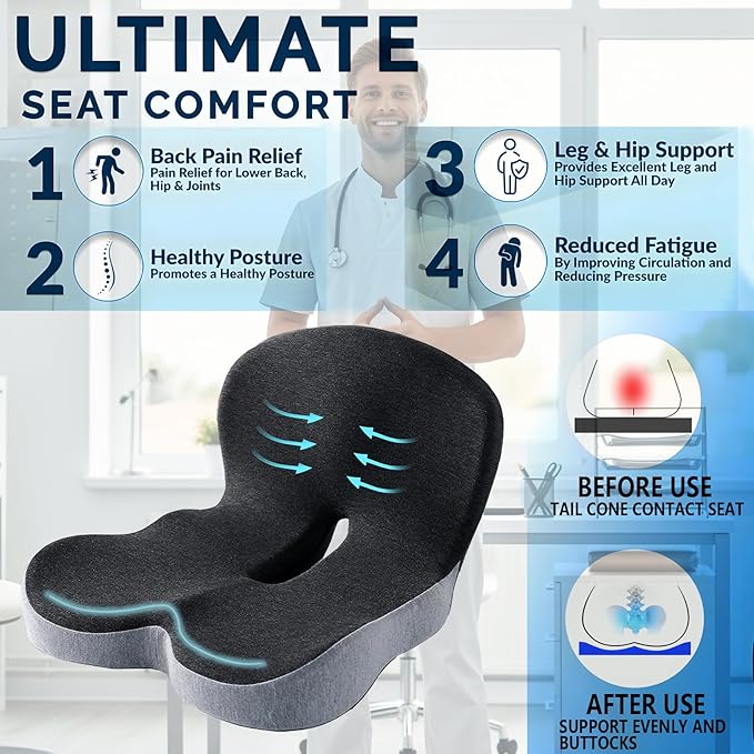Memory Foam Seat Cushion for Truck Driver Office Chair Cushion Home Chair Cushion Car Seat Cushion Non Slip Pad Sitting Ergonomic Cushions for Office Workers Car Drivers (Black & Gray)