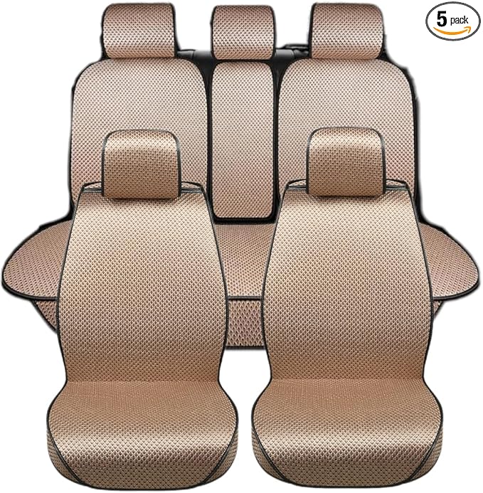 Auto Newer 5 Seats Luxury Breathable Car Seat Cover Full Set Fit Four Seasons of Universal Automotive Vehicle Cushion Cover Compatible with 90% Cars,SUV,Trucks(Full Set Gold Beige)
