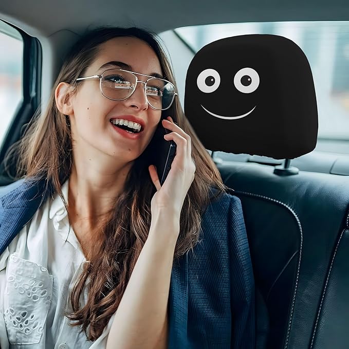 Funny Car Headrest Covers 2 Pack – Double-Sided Angry & Smile Face Design, Universal Stretch Seat Head Rest Protector for Cars, SUVs, Trucks