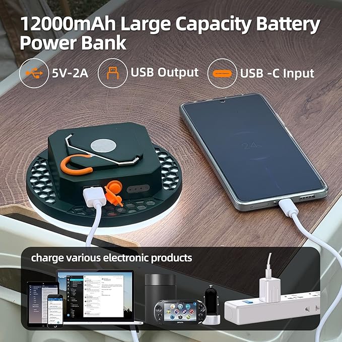 10000mAh Rechargeable Tent Light 3 Color Lighting Modes, 4000LM LED Portable Camping Lantern, IPX5 Waterproof, 30W Hanging Tent Light with Magnet, for Emergency & Gift