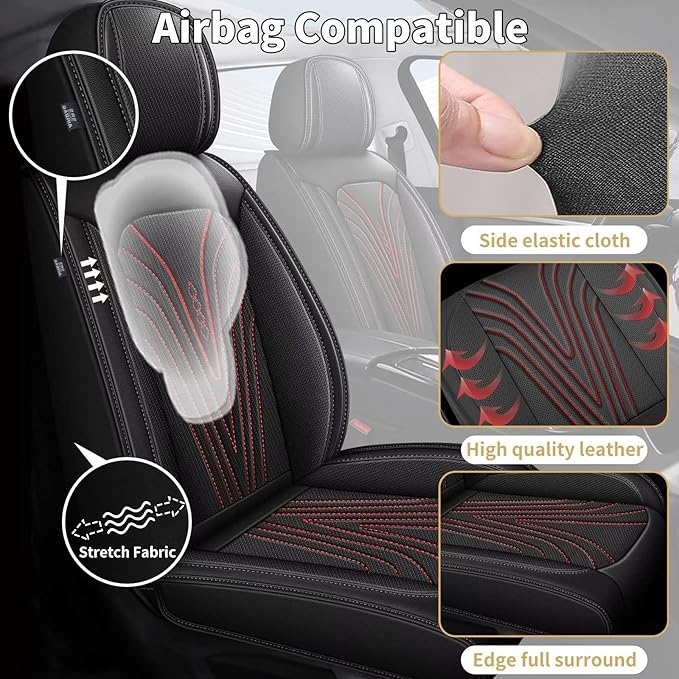 2 Front Car Seat Covers Fit for Nissan Frontier 2009-2024 2025 Ice Silk Leather Breathable Waterproof Automotive Seat Cushion Compatible Airbag (5 Seats&Red Line)