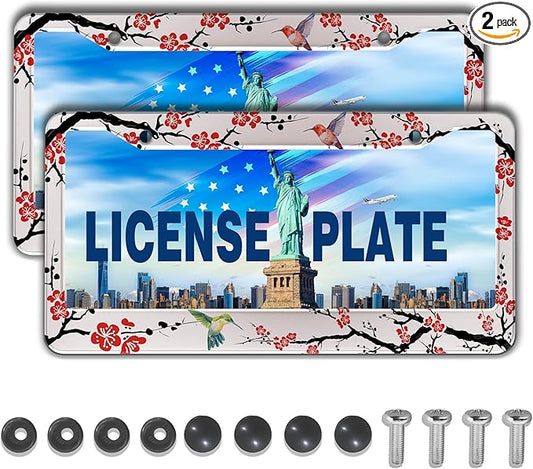Automotive Exterior Accessories Black, White, and Red License Plate Frames Hummingbird Flowers Universal Aluminum Car Accessory 2 Pack with Screw Covers Set