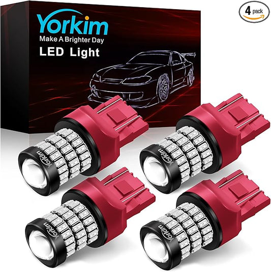 Yorkim 7440 LED Bulb Red 7443 led brake lights bulb with Projector 7441 7444 W21W T20 led bulb Replacement Lamp for brake lights tail lights turn signal lights, pack of 4