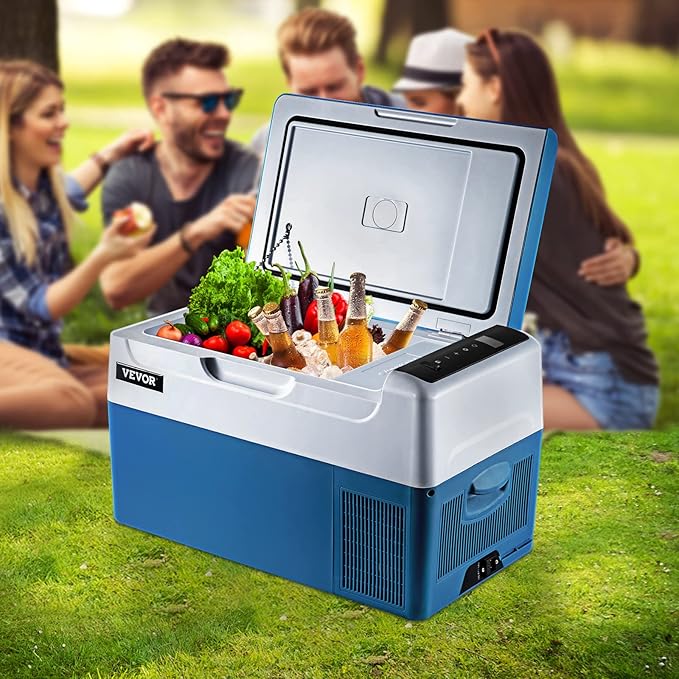 VEVOR Portable 23 Quart(22 Liter) 12 Volt App Control(-4℉~68℉), Car Refrigerator Electric Compressor Cooler with 12/24v DC & 110-240v AC for Camping, Travel, Fishing, Outdoor, White+Blue