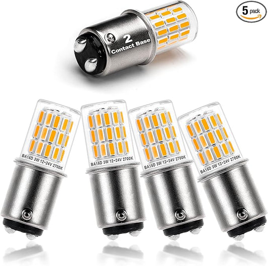 BA15D 12 Volt LED RV Camper Interior Light Bulbs,1076 1142 1176 S8 3W 2700K Warm White,Double Contact DC Bayonet Base,AC10-24V DC10-30V Low Voltage BA15D for Marine Boat Trailer Lights,5 Pack