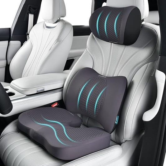 FLORICH 3 PCS Seat Cushion for Carseat Lumbar Support Pillow Car Neck Headrest Pillows Memory Foam Seat Pads Pressure Relief Back Cushion for Office Chair(Grey)