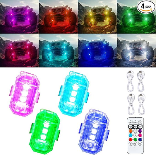 Wireless LED Lights for Car,Wireless Rock Lights with 8 Colors 10 Modes,Rechargeable LED Strobe Warning Light with Remote Control for Motorcycle,Bicycles,Drone,e-Scooter, Boats, Camping