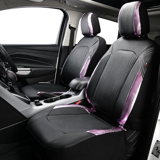 Flying Banner Synthetic Leather car seat Covers Full Set Front and Rear Bench Fashion Easy Installation Cup Holder Free (Black & Pink, Low Bucket - Full Set)