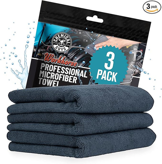 Chemical Guys MIC35303 Workhorse Professional Grade Microfiber Towel, Black, (Safe for Car Wash, Home Cleaning & Pet Drying Cloths) 16" x 16", Pack of 3