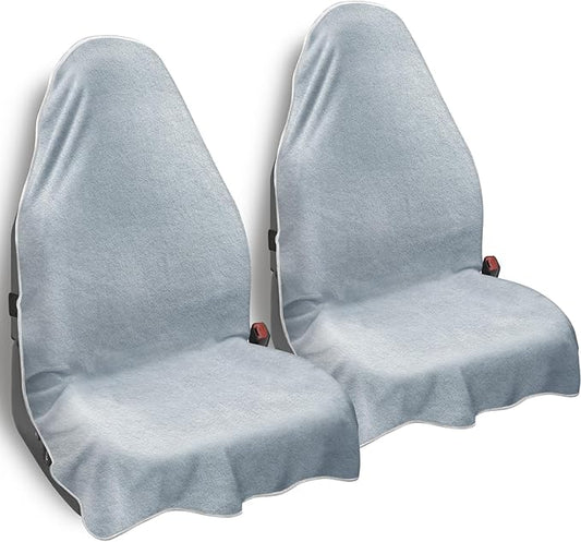 Car Seat Towel Cover, 2pcs Universal Front Seat Protector for Cars, SUVs and Trucks, Sweat Towel Car Seat Cover for Gym, Yoga, Swimming, Pets and Family Travel, Light Gray