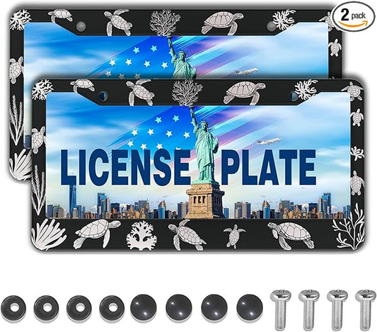 Automotive Exterior Accessories Black and White License Plate Frames Turtle Aluminum Metal Car Accessory 2 Pack with Screw Covers Set