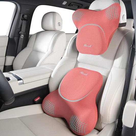 FLORICH Car Lumbar Support Pillow and Neck Headrest Pillow for Office Chair, Ergonomic Memory Foam, Relieves Neck, Back Pain, Pressure-Relieving Back Support for Car, Office Chair & Wheelchair – Red