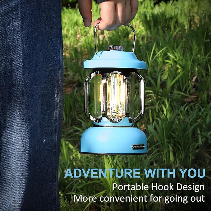 Rechargeable LED Camping Lanterns, Vintage Camping Lights Battery Operated, Portable Retro Metal Glamping Lights for Hiking, Hurricane, Decoration, Power outages, Blue, 2 Pack