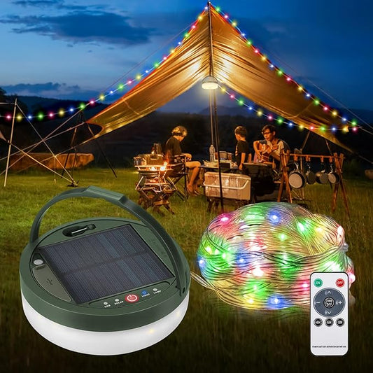 Solar Camping String Lights 4 in 1, Anpro 32.8Ft Ultra Long Multi-Color LED String, 3600mAh Solar Powered and USB Rechargeable Light with Remote Control, Portable Camping Light for Hiking, Decoration