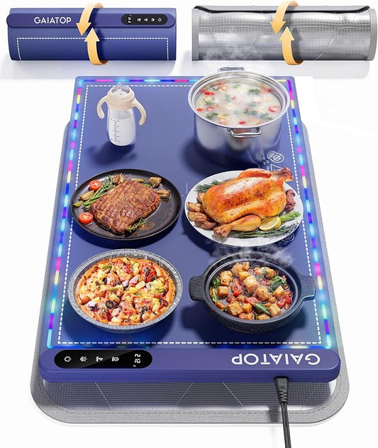 Gaiatop Food Warmers for Parties Buffet with Trivet, RGB Edge, Electric Warming Mat for Countertop, 6 Temp Level 122℉-212℉, 6 Timer Settings, Full-Surface Fast Heating, Portable Silicone Food Warmer