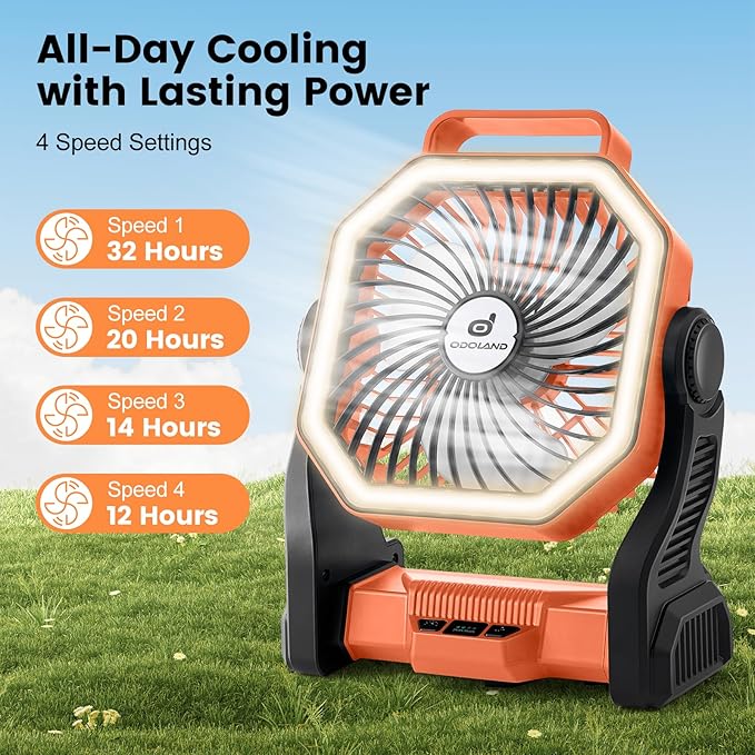 Odoland Rechargeable Camping Fan, 20000mAh Battery Fans with LED Lantern for Tent Car Beach Storm, Portable Light Desk Cooling Fan for Picnic Power Outage Hurricane, Orange