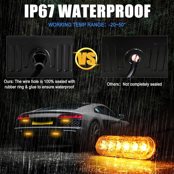 10pcs LED Emergency Strobe Light, 6-LED Ultra Slim Surface Mount Flashing Warning Beacon Hazard Construction Caution Grille Light Bar for Truck Car Off Road Vehicles SUV ATV (Amber)