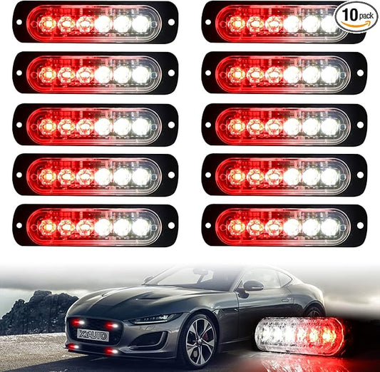10pcs LED Emergency Strobe Light, Red White 6-LED Ultra Slim Surface Mount Flashing Warning Beacon Hazard Construction Caution Grille Light Bar for Truck Car Off Road Vehicles