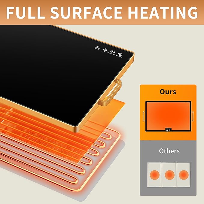 Electric Warming Tray (XXL 32”x18”)，Food Warmers for Parties Buffet with Thermostat & Full Surface Heating, Tempered Glass Warming Mat for Food, Temperature Adjustable Gold Handles Food Warming Mat