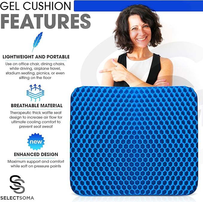 SelectSoma Double-Thick Super Large Gel Seat Cushion- Breathable and Cooling Honeycomb Design - Pressure Relief for Sciatica, Tailbone & Back Pain - Office Chair, Wheelchair, Car & Truck Cushion