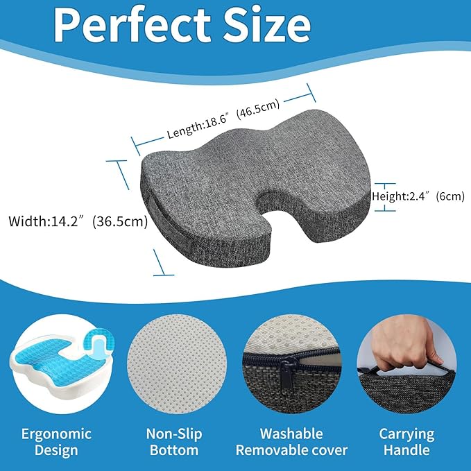 Seat Cushion for Long Sitting, Cooling Gel Memory Foam Seat Cushion - Back, Sciatica, Coccyx, Tailbone Pain Relief - for Office Chairs, Car Seat, Wheelchair Sitting Cushion (Black)