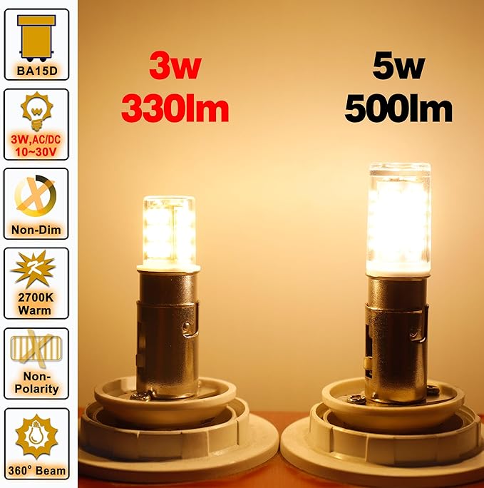 BA15D 12 Volt LED RV Camper Interior Light Bulbs,1076 1142 1176 S8 3W 2700K Warm White,Double Contact DC Bayonet Base,AC10-24V DC10-30V Low Voltage BA15D for Marine Boat Trailer Lights,5 Pack