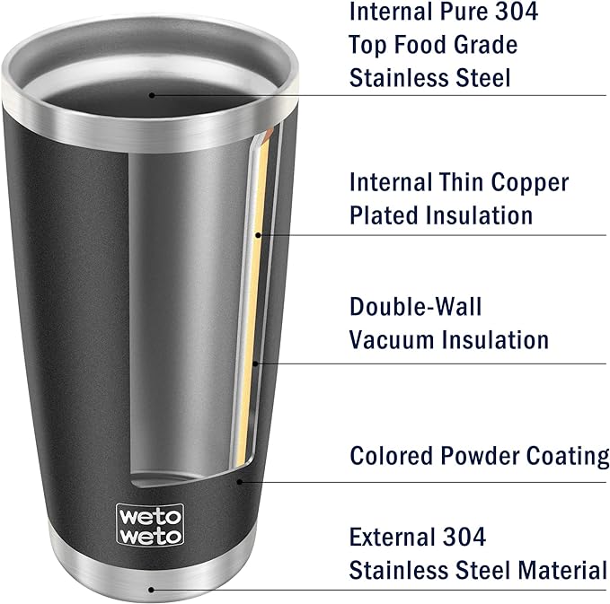 WETOWETO 20oz Tumbler with 2 lids and 2 straws, Stainless Steel Vacuum Insulated Coffee Tumbler Cup, Double Wall Powder Coated Leak-proof Travel Coffee Mug Cup (Black, 1 Pack)