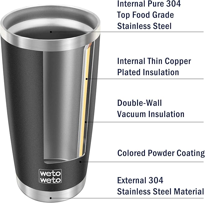 WETOWETO 20oz Tumbler with 2 lids and 2 straws, Stainless Steel Vacuum Insulated Coffee Tumbler Cup, Double Wall Powder Coated Leak-proof Travel Coffee Mug Cup (Black, 1 Pack)