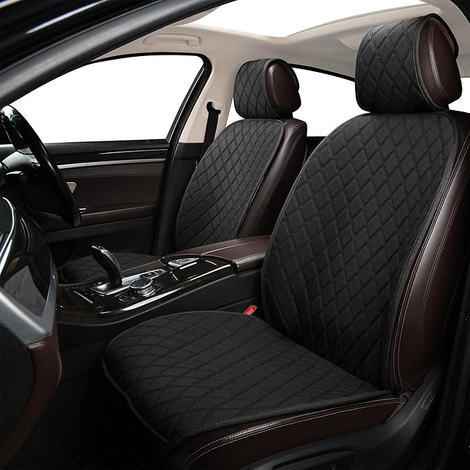 2PCS Linen Front Seat Covers for Cars Sideless Seat Covers Breathable Cloth Fabric Car Seat Protector Universal Fit Most Automotive, SUV, Trucks, Van(Black)