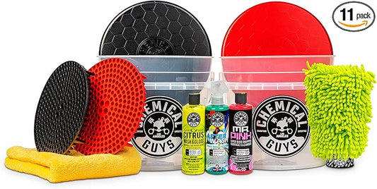 Chemical Guys HOL129 Best Two Car Wash Bucket Kit to Wash & Dry (11 Items Including 3 16 oz. Chemicals)