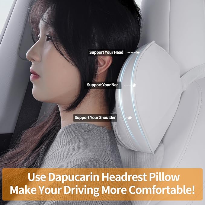 Car Neck Pillow Memory Foam Premium Leather Headrest Neck Support Cushion Universal for Driving Home Office, White,2PC