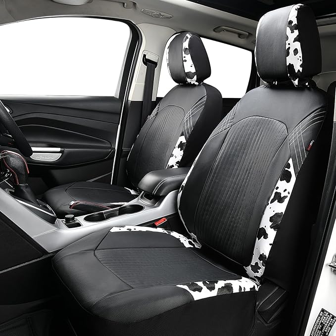 Flying Banner Synthetic Leather car seat Covers Full Set Front and Rear Bench Fashion Easy Installation Cup Holder Free (Black & Cow Print, Low Bucket - Full Set)