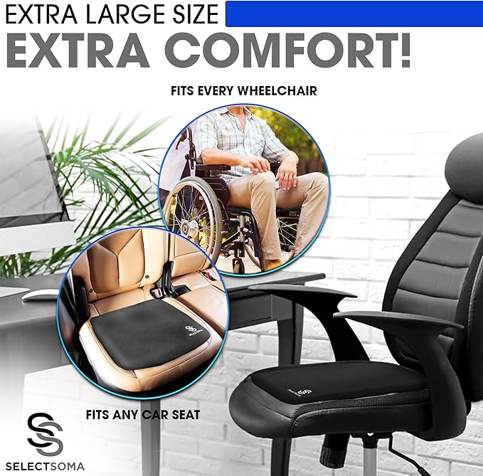 SelectSoma Double-Thick Super Large Gel Seat Cushion- Breathable and Cooling Honeycomb Design - Pressure Relief for Sciatica, Tailbone & Back Pain - Office Chair, Wheelchair, Car & Truck Cushion