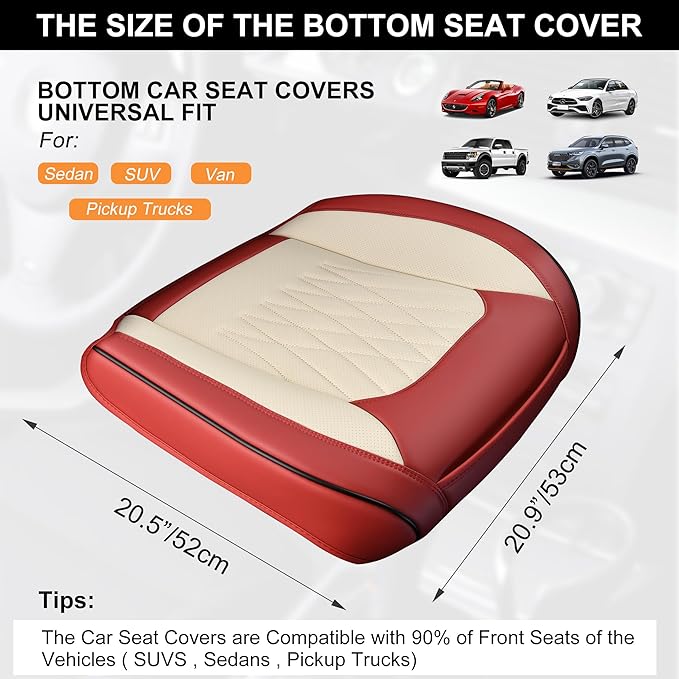 2 Pack Front Car Seat Bottom Covers, Universal Auto Seat Cushions, Nappa Leather Full Wrapping Edge Compatible with Most of Vehicles - SUVs/Sedans/Pickup Trucks, Wine Red&White