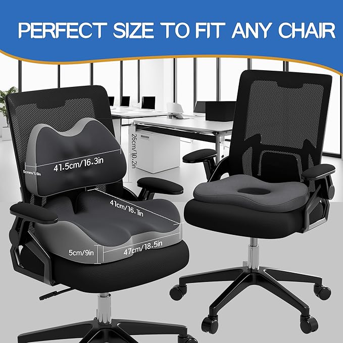 Benazcap X Large Memory Foam Seat Cushion Lumbar Support Pillow for Sciatica & Tailbone Pressure Relief Coccyx Pad for Office Chair, Wheelchair, Car, Home, Office