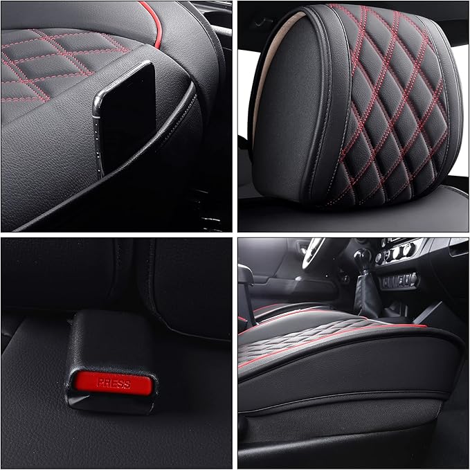 Aierxuan Toyota Tacoma Car Seat Covers Custom Fit 2005-2025 TRD Pro Magnetic Gray Trail Edition SR Double Cab Pickup Truck Waterproof Leather Full Seat Cushions(Full Set, Black-Red)