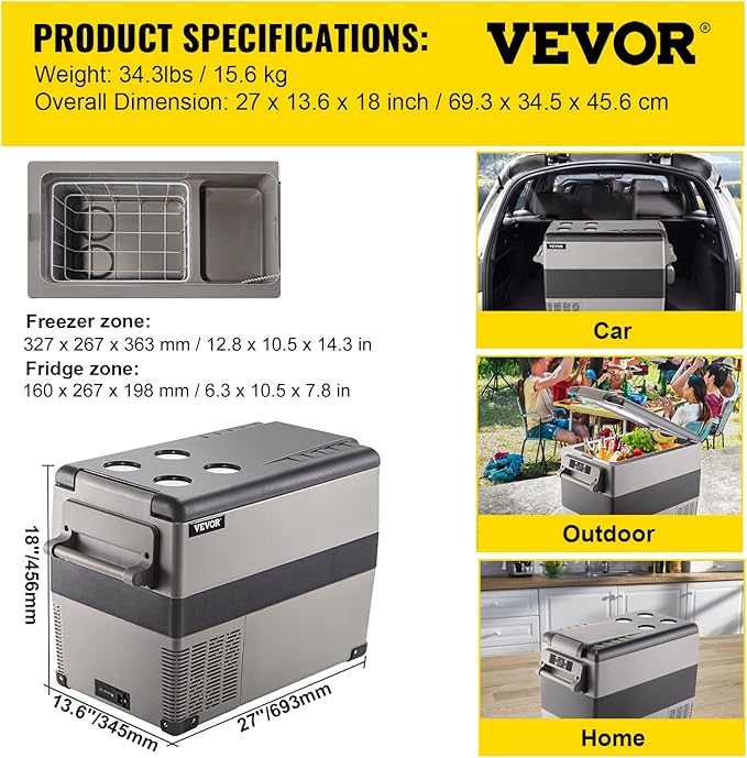 VEVOR 12 Volt Refrigerator, 48 Quart (45L) Fast Cooling Portable Freezer with App Control (-4℉~68℉), Car Fridge with 12/24v DC & 110-240v AC for Travel, Truck, Camping and Home Use, Grey
