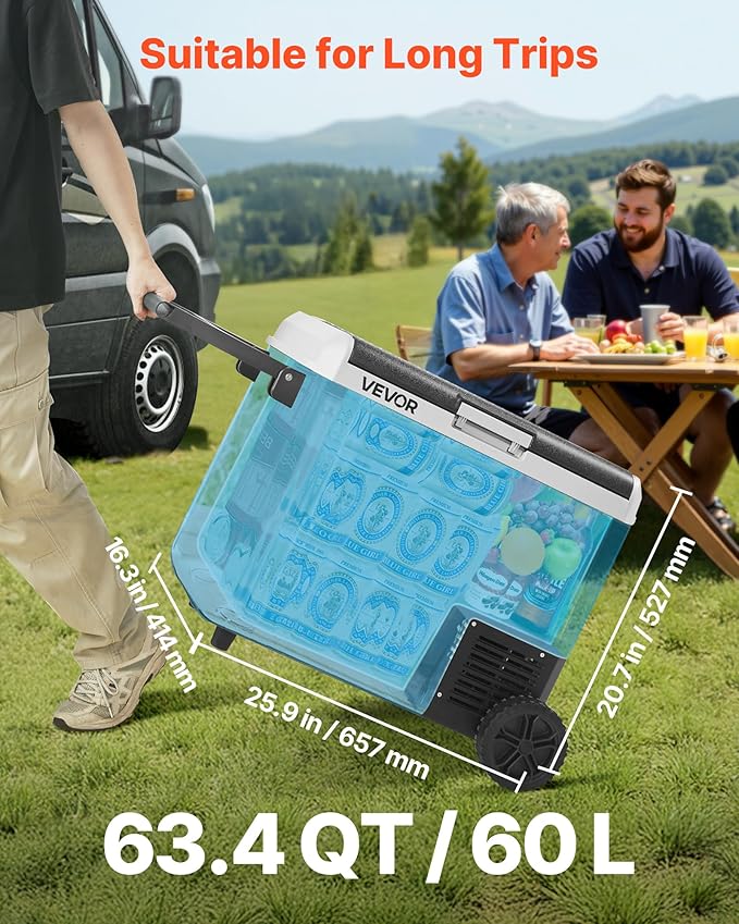 VEVOR 63.4QT/60L Car Fridge, Portable Electric Cooler with Wheels and Handle, -4℉~68℉, 12/24V DC and 100-240V AC Compressor Freezer for Outdoor, Camping, Travel, RV, Black