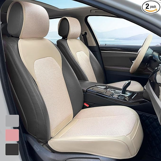 2 Pack Breathable Front Car Seat Covers with Steering Wheel Cover, 3D Ice Silk Fabric and Leather Automotive Car Seat Protectors Four Seasons, Universal Car Seat Cushion for Cars Trucks SUVs (Beige)