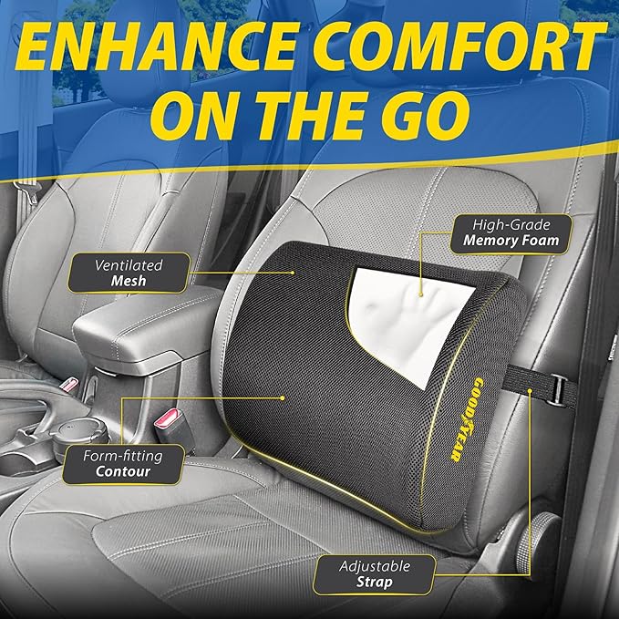 Goodyear Ergonomic Lumbar Support Pillow for Office Chair, Gaming Chair, or Car, Memory Foam Cushion with Ventilated Mesh and Adjustable Strap