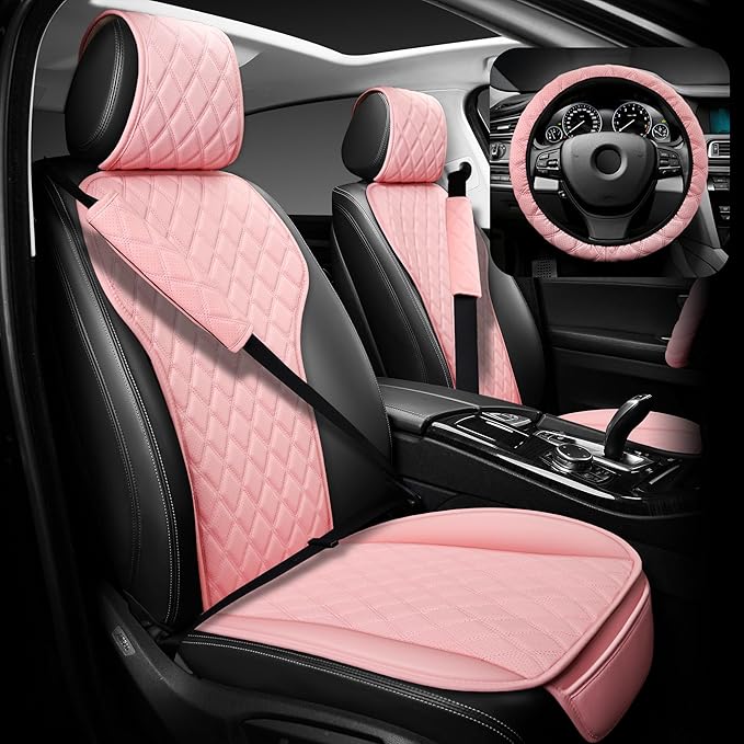 2PCs Front Car Seat Covers, Leather Seat Covers with Steering Wheel Cover and Two Seat Belt Pads, Waterproof Seat Covers for Cars Universal Fit 95% Vehicles (Pink)