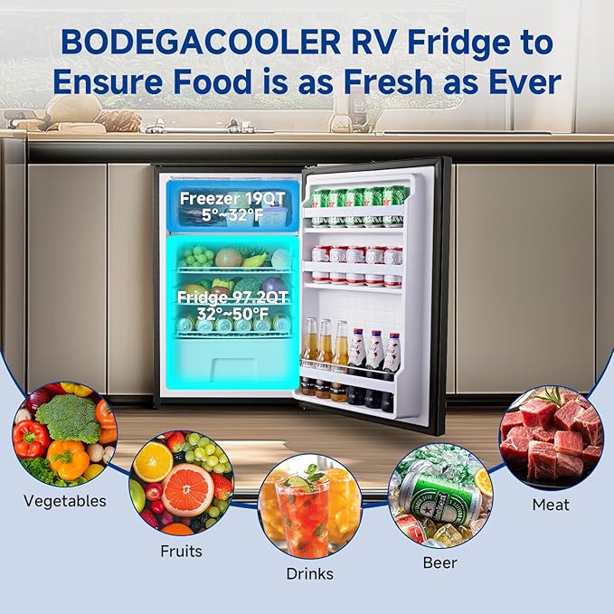 BODEGACOOLER 12 Volt Refrigerator, 116.2Quart RV Refrigerator with Freezer, Dual Modes RV Fridge with LED, (5℉-50℉) Travel Compressor Refrigerator 12/24V DC for Boat, Caravan, Truck, Camping (Black)