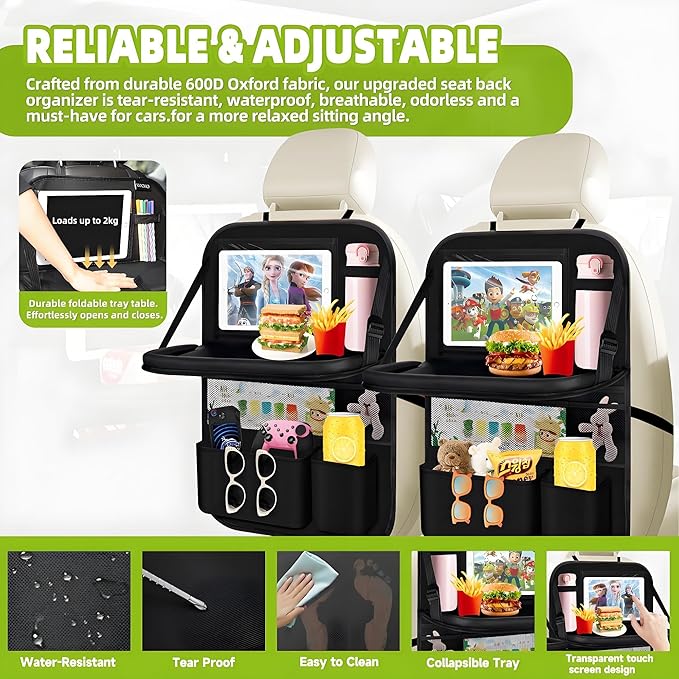 2PC Backseat Car Organizers with Foldable Tablet Holder &Touch Screen Tablet Holder -9+1 Storage Pockets Waterproof Kick Mats Back Seat Protector Car Organizers Road Trip Essentials